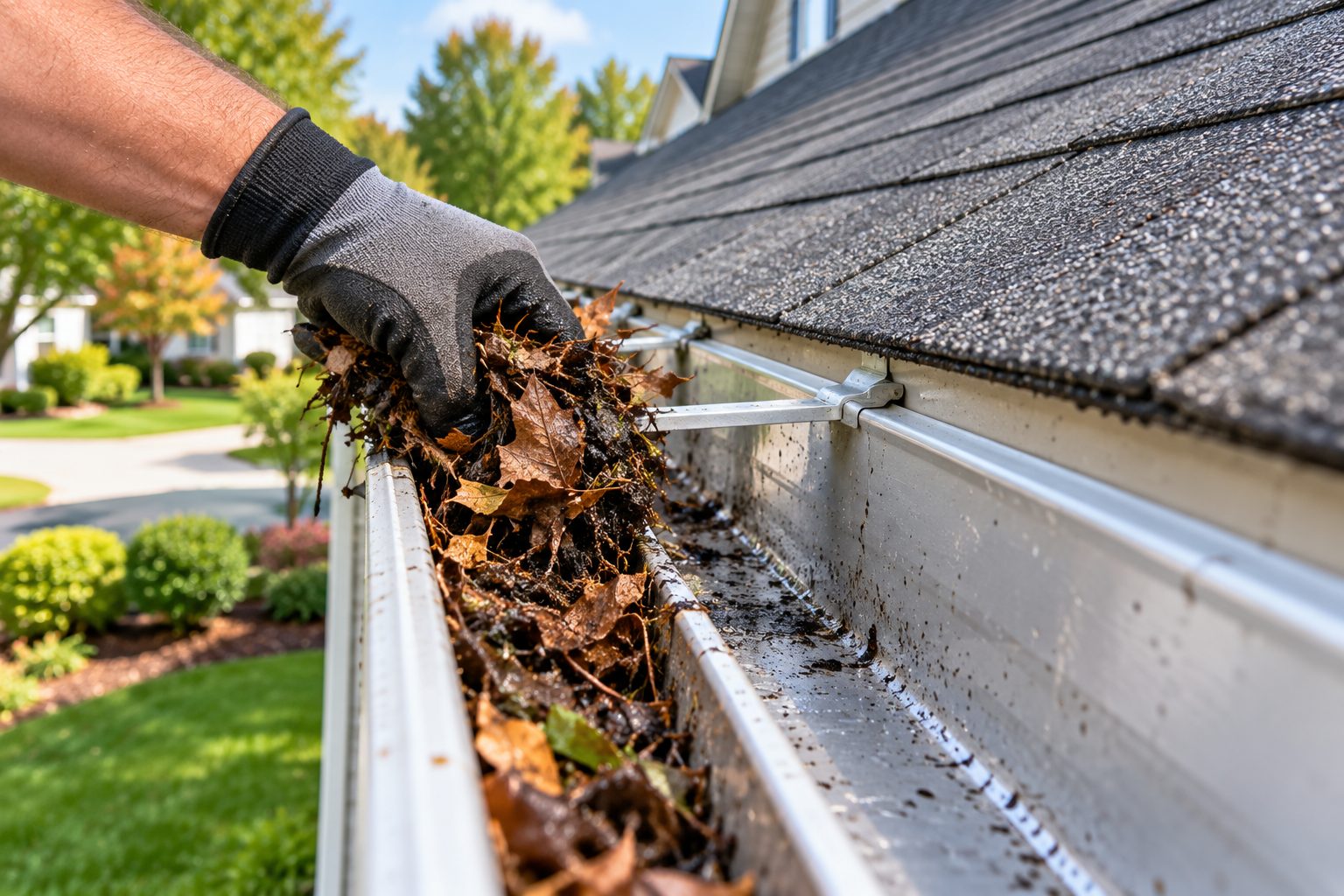 Hand-cleaning a gutter packed with debris in Pinecrest