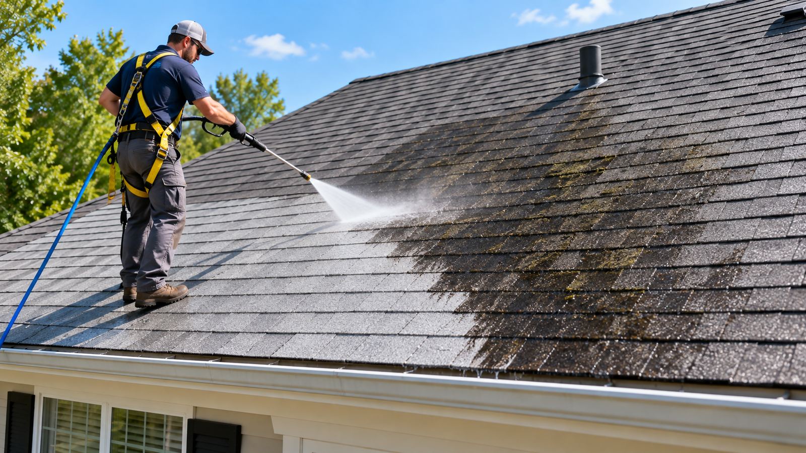 Roof pressure washing removing dark algae streaks from a Pinecrest roof