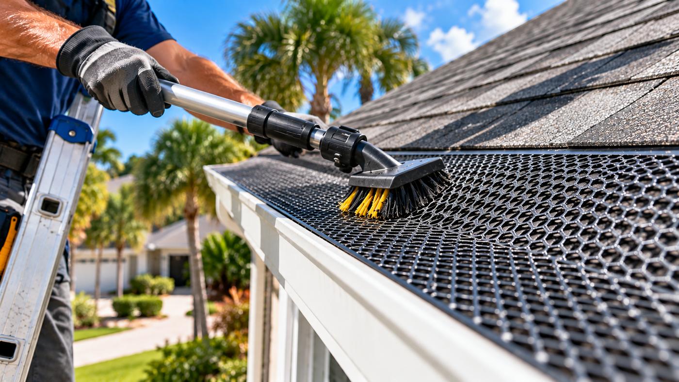 Fast Pro technician cleaning a gutter guard on a Coral Gables home